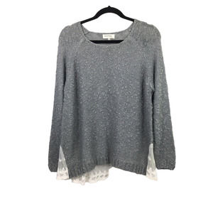 Monteau Los Angeles Grey Swiss Dot Lace Hem Boat Neck Pullover Sweater L